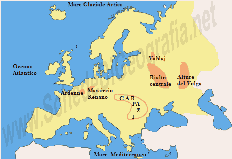 Cartina delle colline in Europa