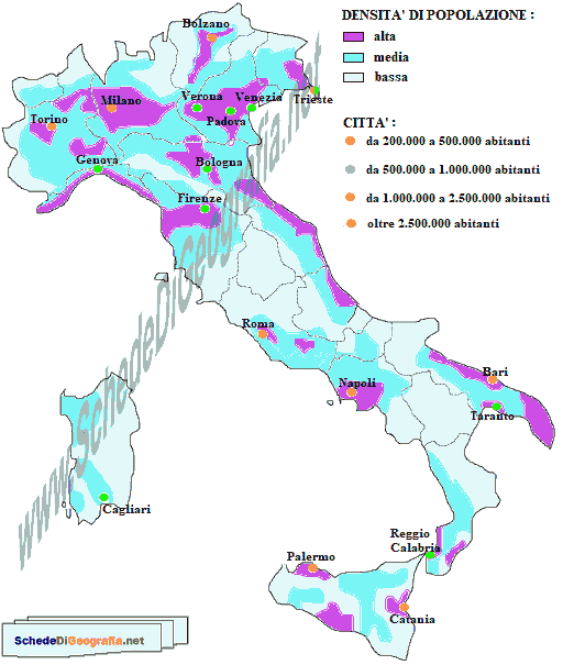 Cartina della densità di popolazione in Italia